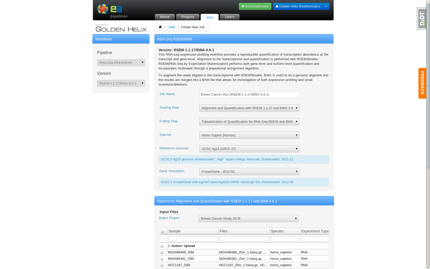 Job Creation page which allows users to specify analysis settings